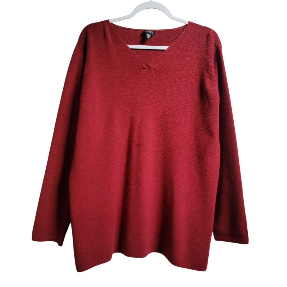Eileen Fisher‎ Red 100% Merino Wool V-Neck Oversized Sweater Medium Italian Yarn